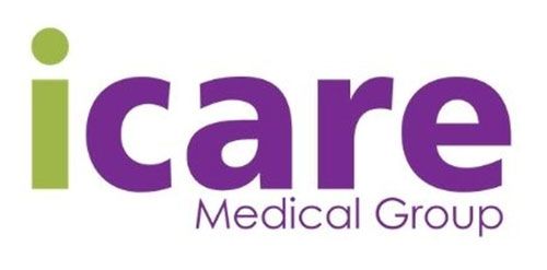 Logo for iCare Medical Group, with purple text and a green “i” and dot.