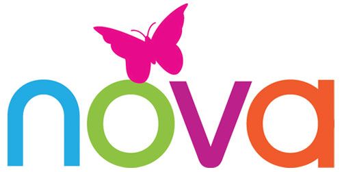 Logo for Nova with a pink butterfly above the “o,” letters in blue, green, purple and orange.