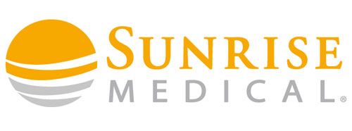 Logo of Sunrise Medical, yellow sun graphic, text