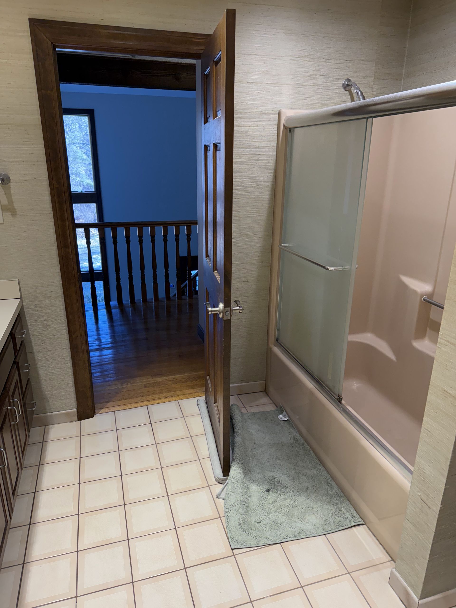 Bathroom with a partially open wooden door leading to a hallway with stairs. A shower is on the right.