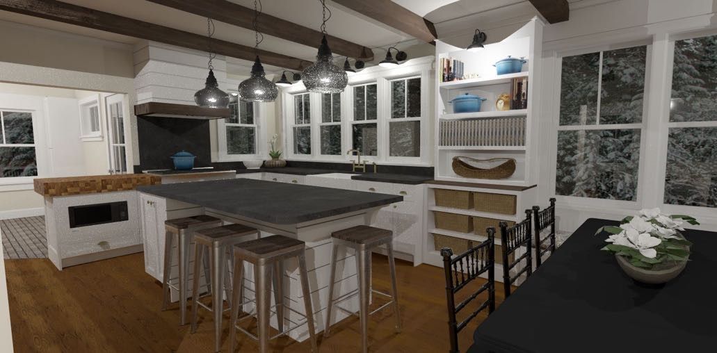 A modern kitchen with a large island, stools, and a dining table. Windows and a hutch are visible.