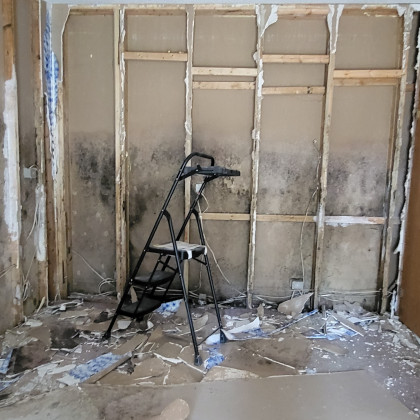Partially stripped room with exposed studs, debris on the floor, and a black step ladder centered against the wall