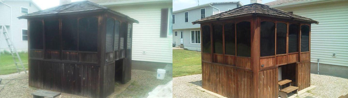 Side-by-side views of a small weathered wooden shed with a slanted roof in an outdoor yard.
