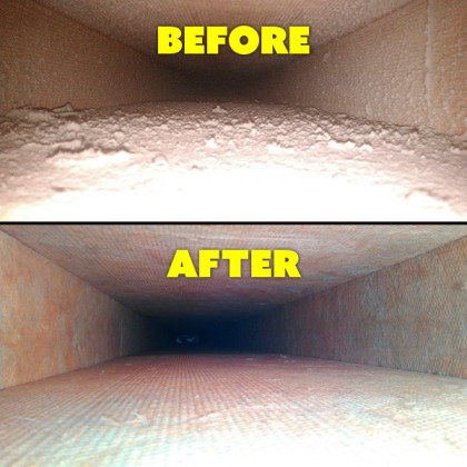 Before-and-after view of a cleaned rectangular duct interior, with rough buildup above and smoother surface below.