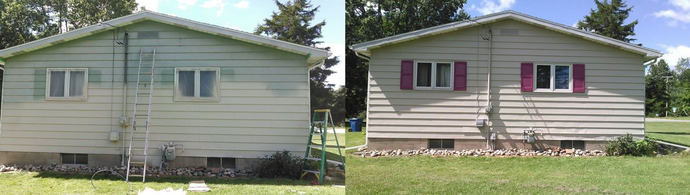 Two side-by-side views of a white house with pink shutters and a grassy yard.