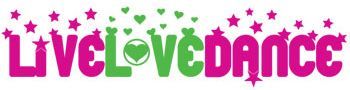 Pink “LIVE LOVE DANCE” logo with hearts and stars