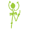 Green stick figure holding a star-shaped object aloft and balancing on one leg on a white background