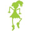 Green silhouette of a dancing girl with a ponytail and raised arms and legs