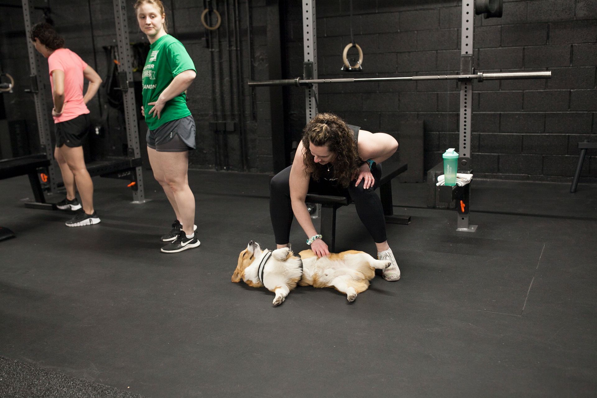 Woman petting a corgi dog on the floor of Vitality Athletics in Ephrata, PA, two women in the background.
