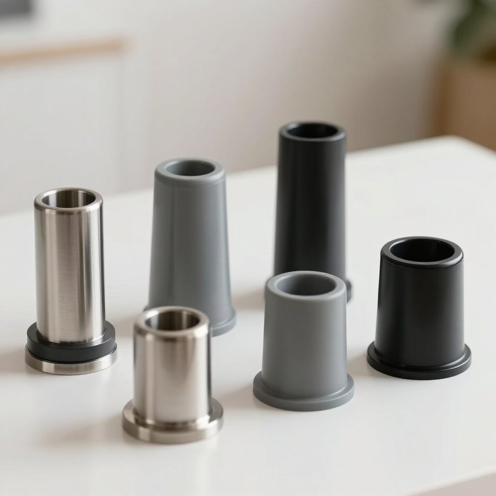 Five small metal and plastic cylindrical parts in silver, gray, and black on a white surface
