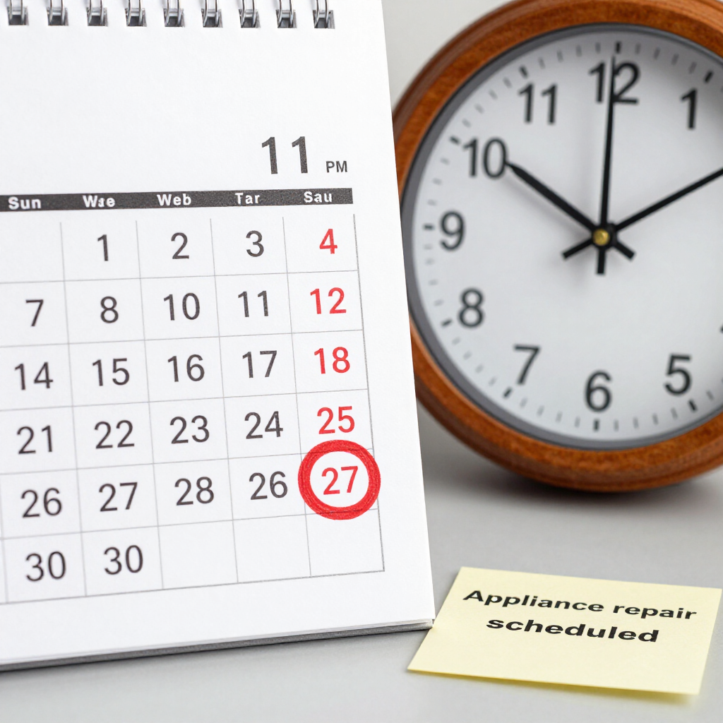 Desk calendar with circled date 27 beside an analog clock and a note reading “Appliance repair scheduled”