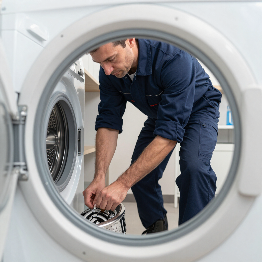 Technician repairing a washing machine drum in a laundry room