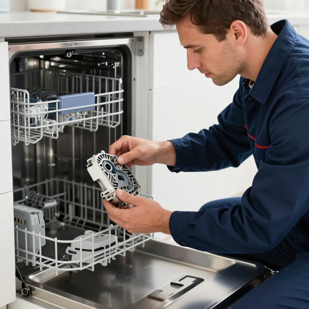 Technician inspecting a dishwasher's inner pump assembly inside an open dishwasher drawer