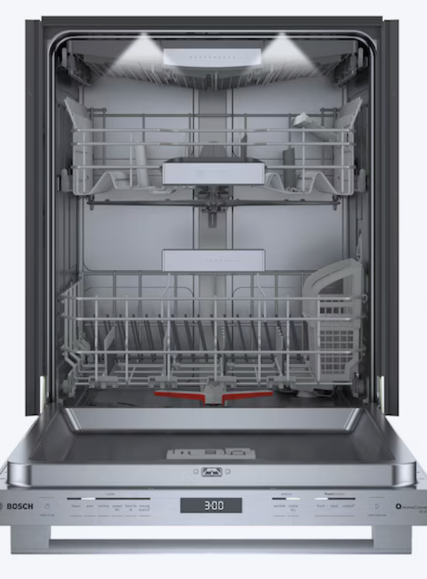 Open Bosch dishwasher with racks and lighting. The control panel displays a digital timer.
