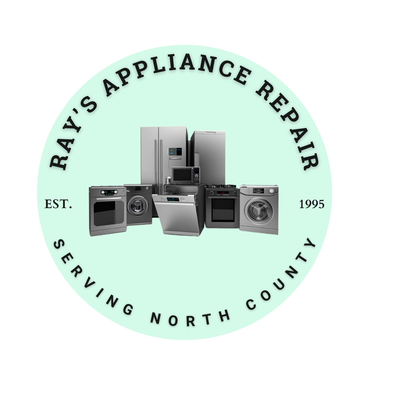 Ray’s Appliance Repair logo with mint circle, appliance icons, and “Serving North County” text