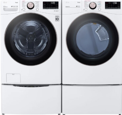 White LG washer and dryer pair, front view, with stacked pedestal drawers.