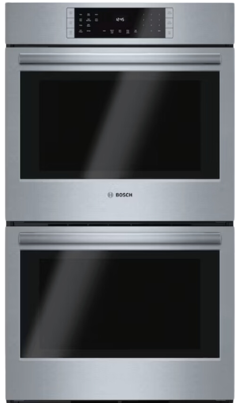 Stainless steel Bosch double wall oven with digital display and two oven doors.