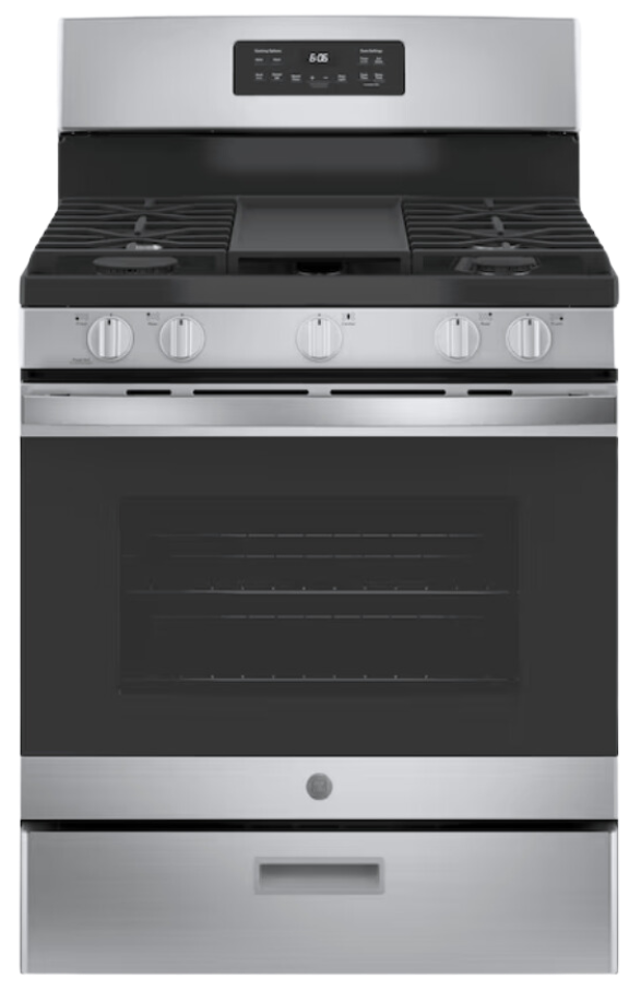 Stainless steel GE gas range with black stovetop, oven, and storage drawer.