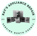 Logo for Ray's Appliance Repair with a light green background, appliances, and text 