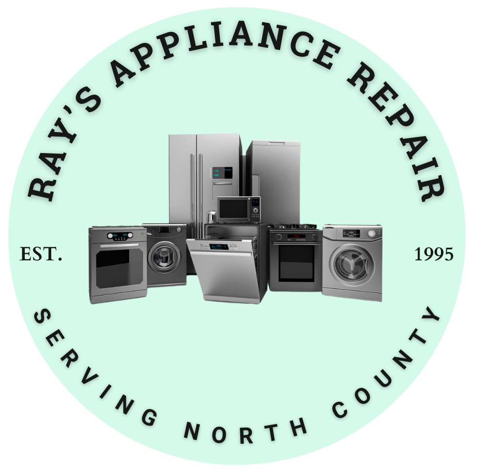 Logo for Ray's Appliance Repair with a light green background, appliances, and text 