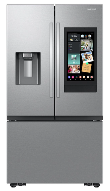 Stainless steel Samsung refrigerator with touchscreen and water dispenser.