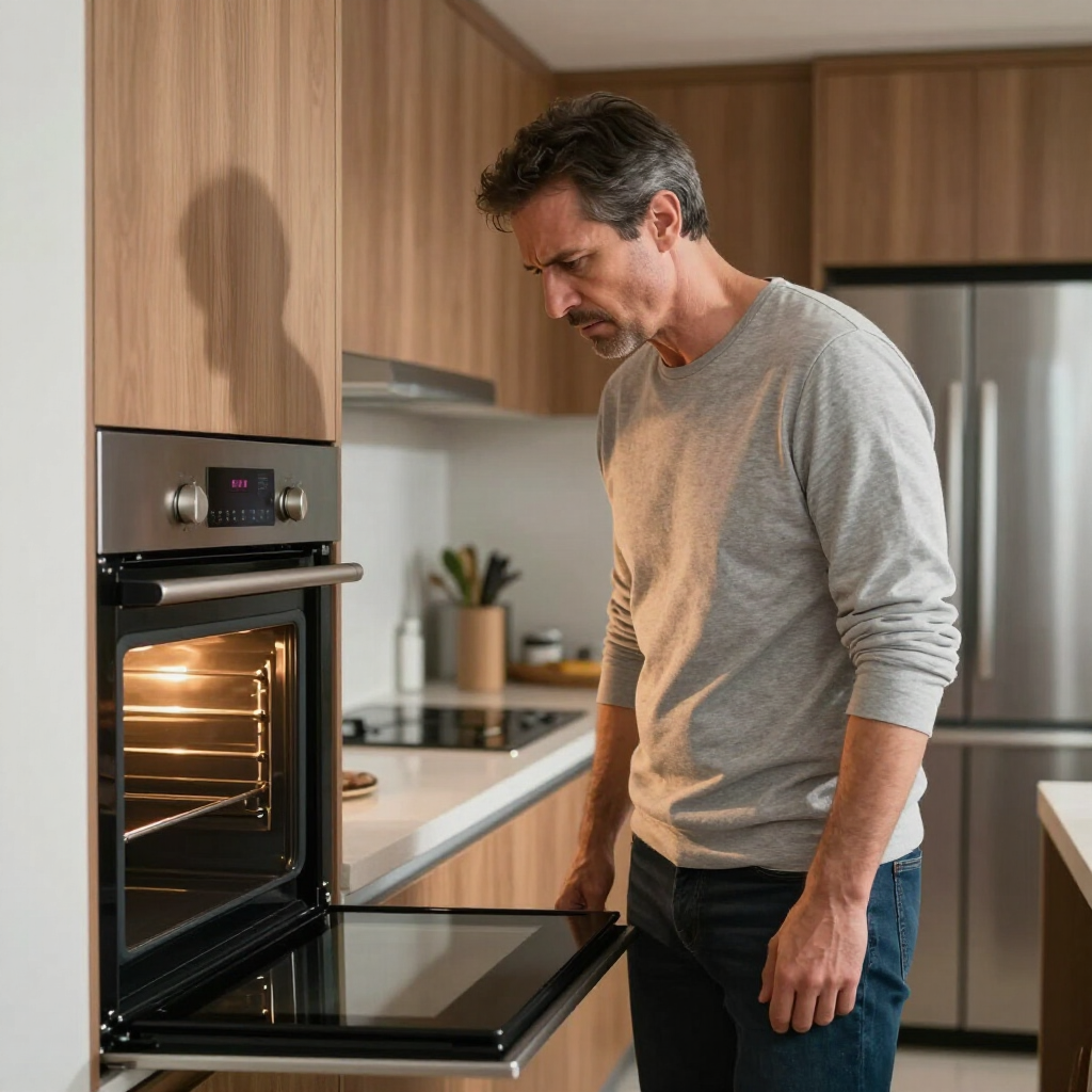 Man inspecting an open oven in a modern kitchen