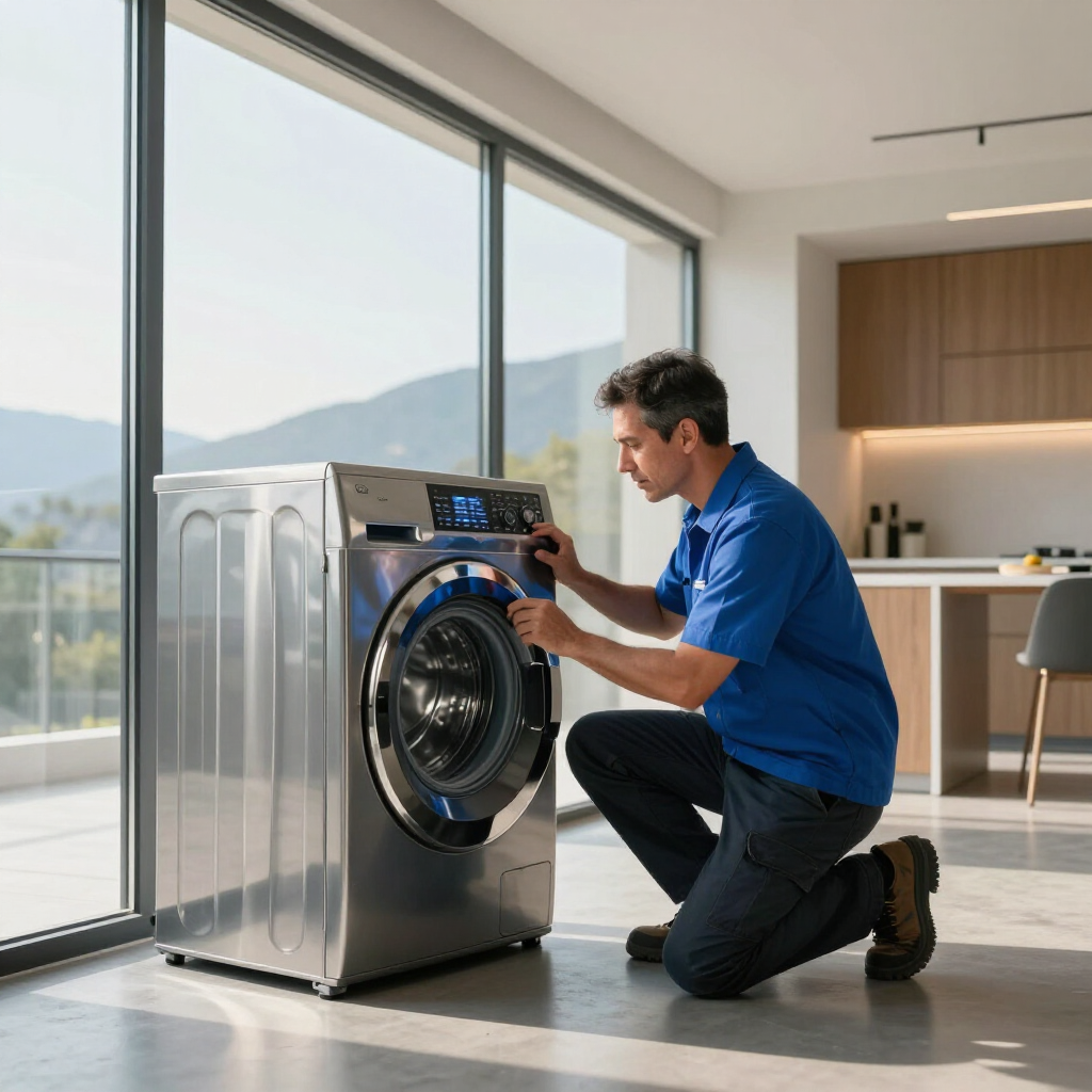 Technician kneels beside a stainless washing machine, inspecting the control panel in a bright modern home