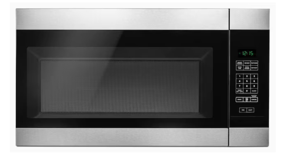 Stainless steel microwave oven with black door and control panel.