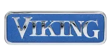 Viking logo in chrome lettering on blue background, within a silver frame.