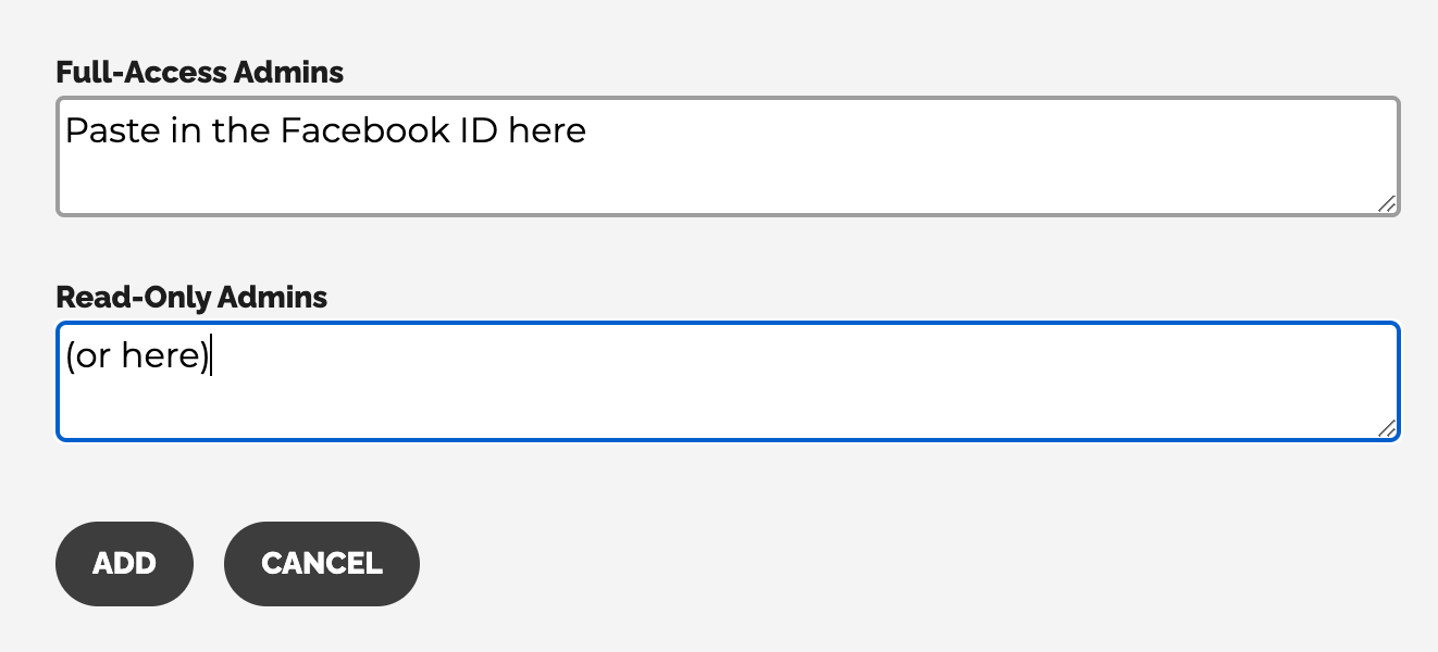 Instruction how to paste Facebook id to access admin