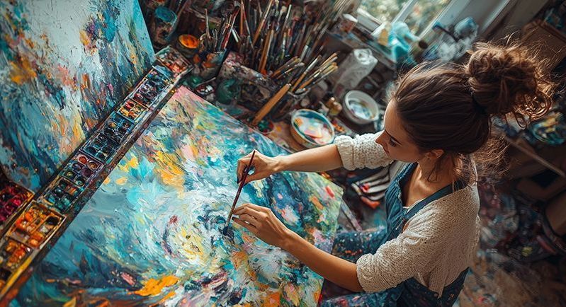 vibrant artist in art studio