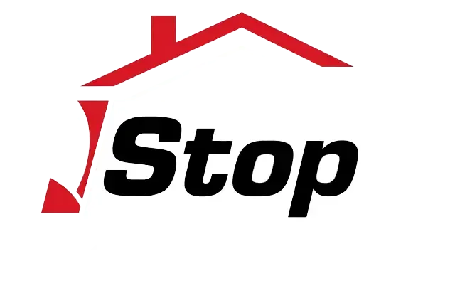 Stop logo with black text and a red roof-like graphic above it