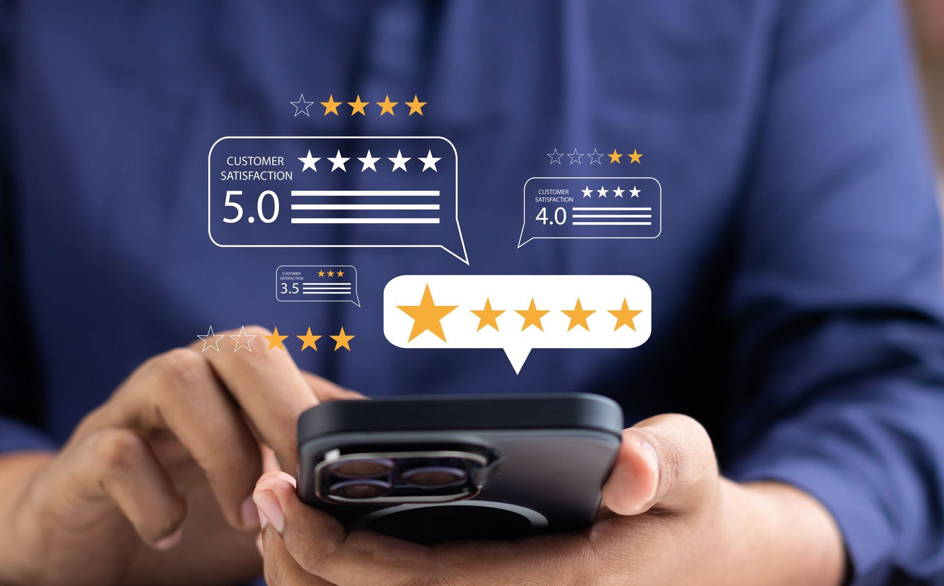 Person holding a smartphone with floating star rating reviews on screen