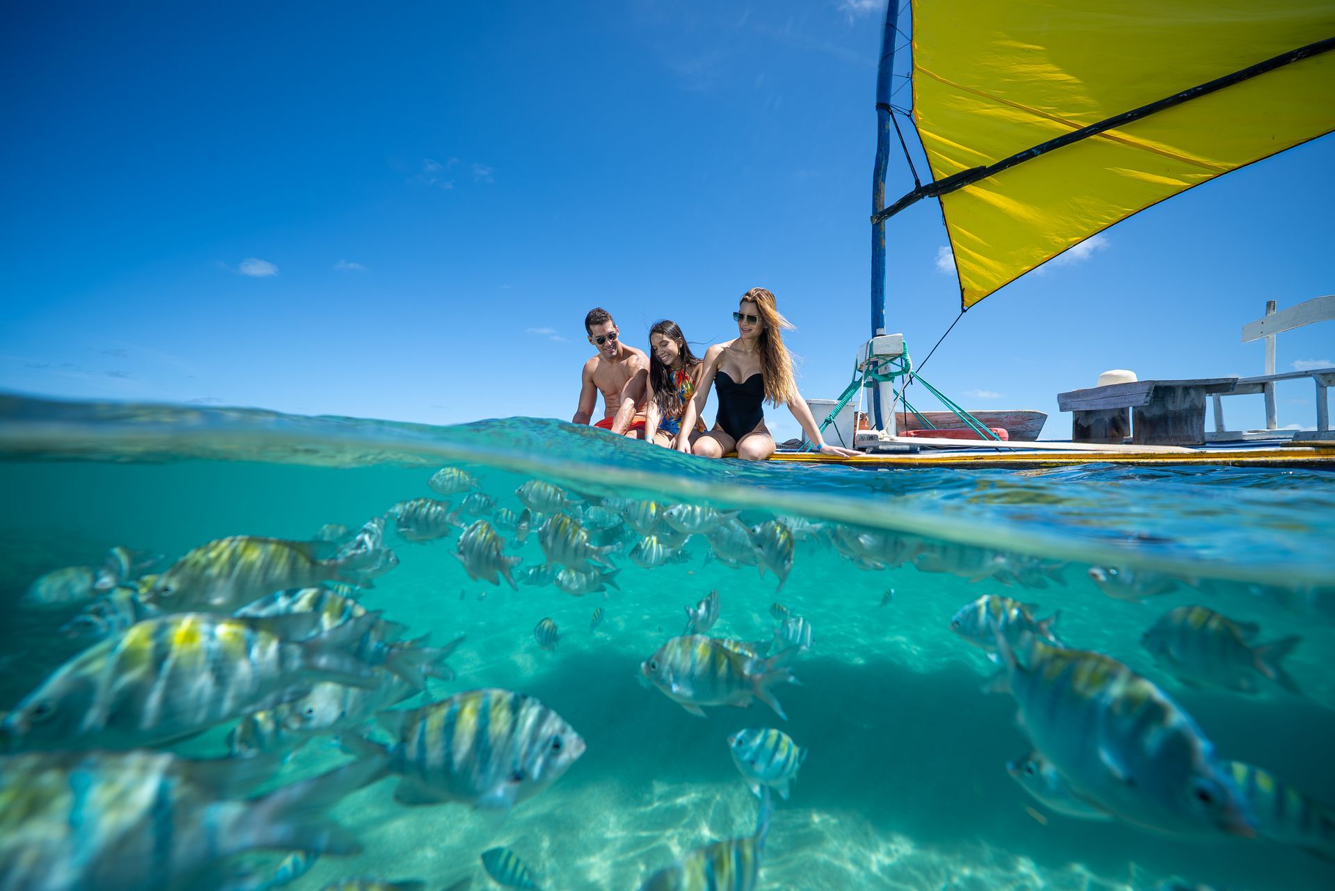 Família observa peixes em águas cristalinas durante um passeio de barco sob céu azul e ensolarado.