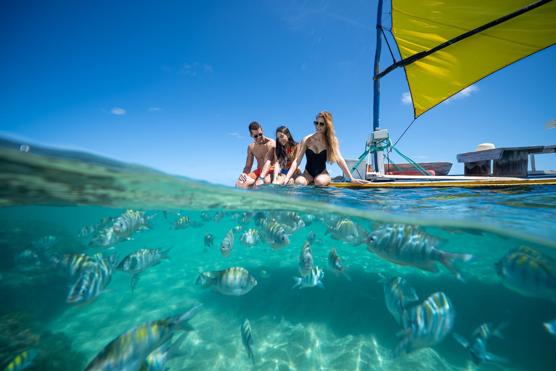 Família em jangada vendo cardume de peixes coloridos nas piscinas naturais de porto de galinhas.