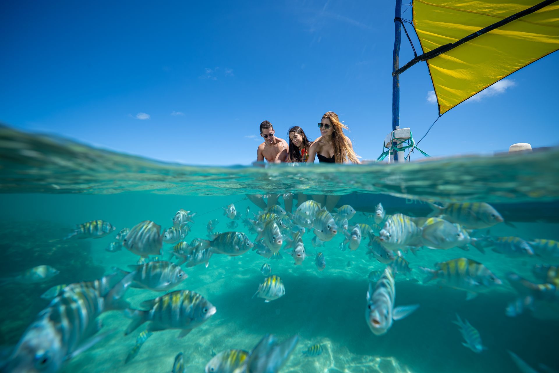 Família aproveitando o mar de Porto de Galinhas durante um passeio pelas piscinas naturais, com águas cristalinas, peixes coloridos e uma das experiências mais conhecidas do destino.