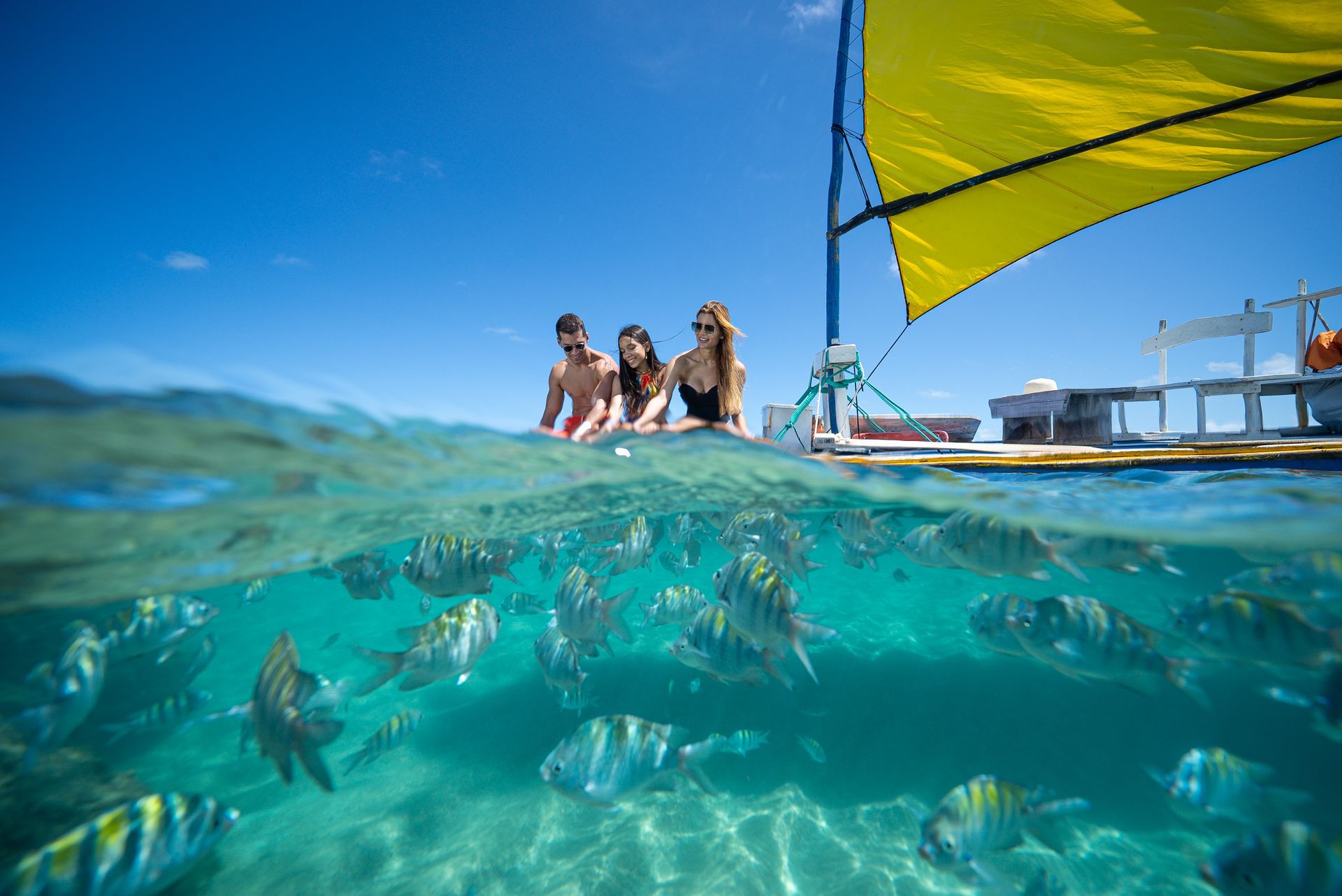 Passeio de jangada nas piscinas naturais de Porto de Galinhas, com peixes  e águas cristalinas. 