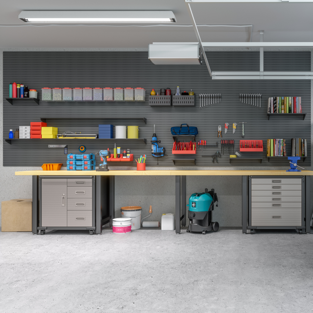 A brightly lit, well-organized garage