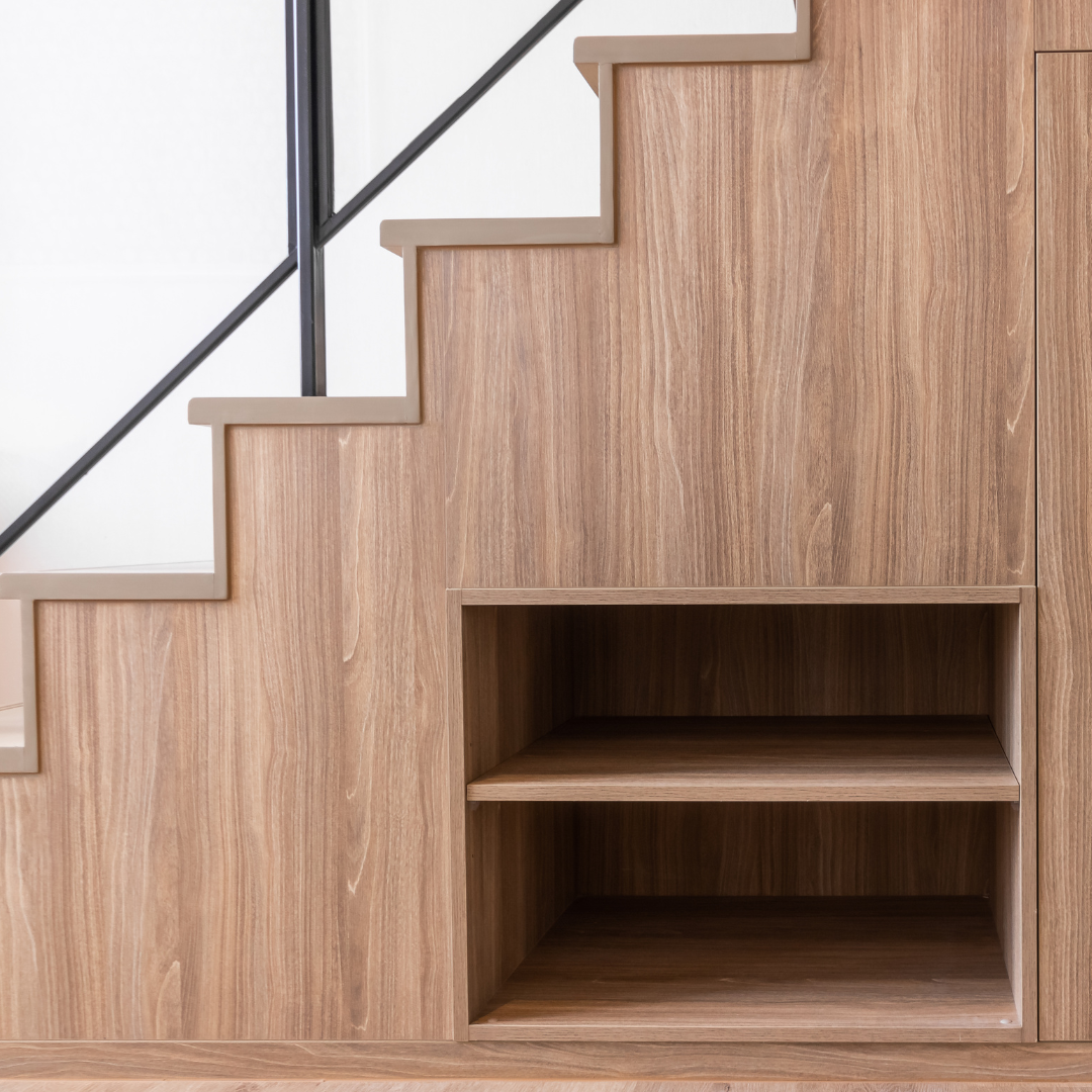 Under-stair shelving in a Vermont home