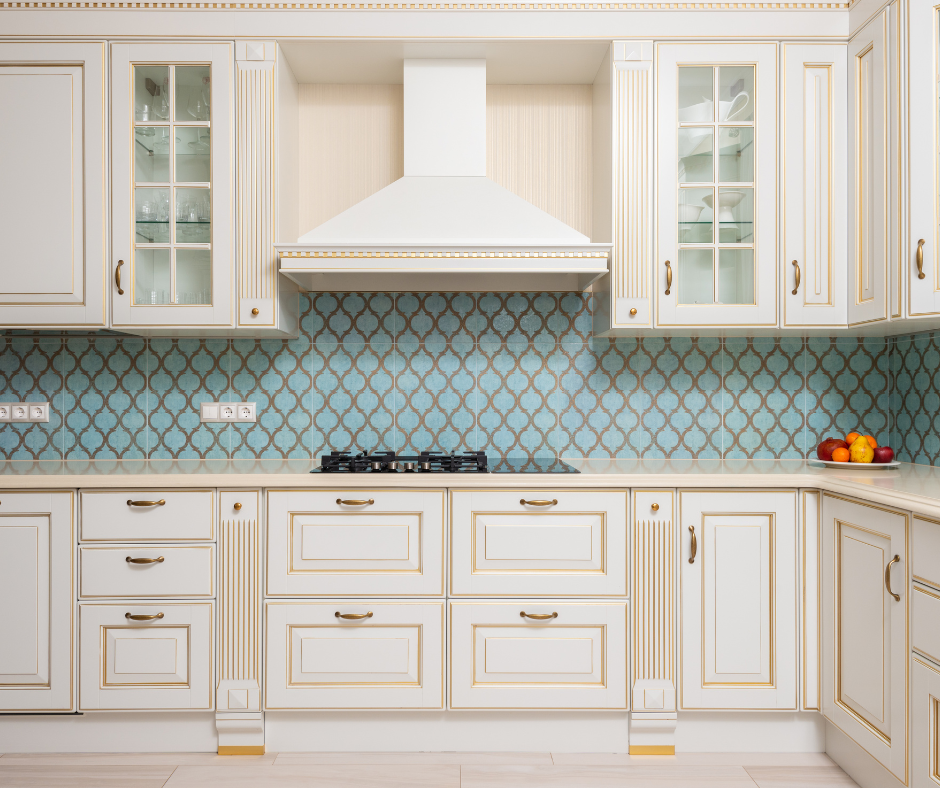 White raised panel and glass front cabinets in a Vermont kitchen.
