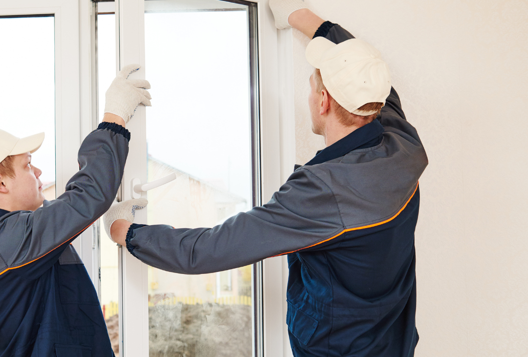 Two contractors installing new windows on a Vermont home.