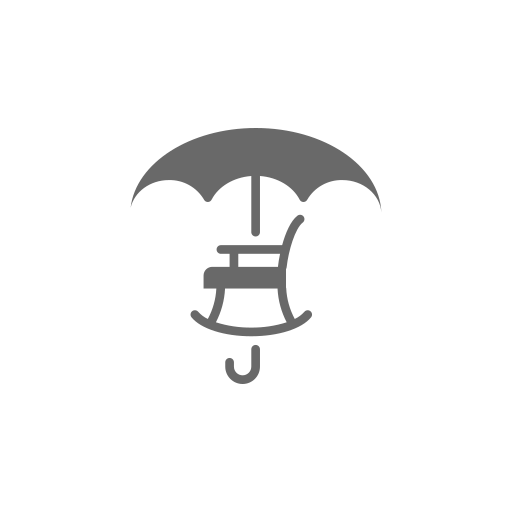A rocking chair under an umbrella on a white background.
