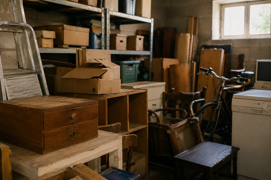 Un'officina disordinata con scaffali, scatole di legno, una bicicletta e una finestra illuminata da una luce diurna soffusa.