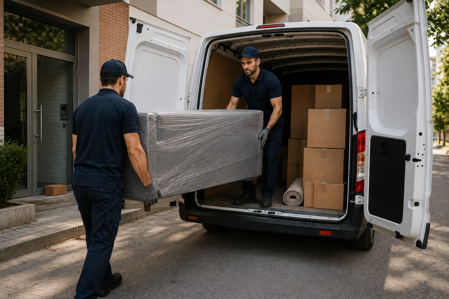 Due traslocatori scaricano mobili e scatole imballati da un furgone bianco davanti a una casa.