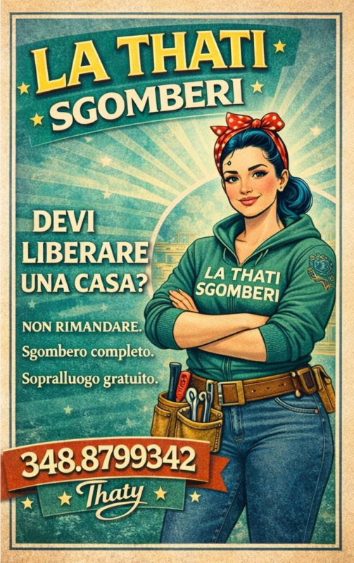 Pubblicità in stile vintage per “La Thati Sgomberi”, con una donna che incrocia le braccia e un testo italiano in grassetto su sfondo verde acqua.