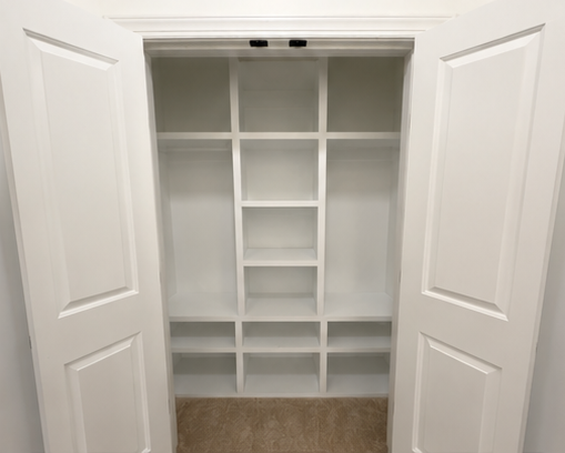 Open white closet with built-in shelves and hanging space inside.