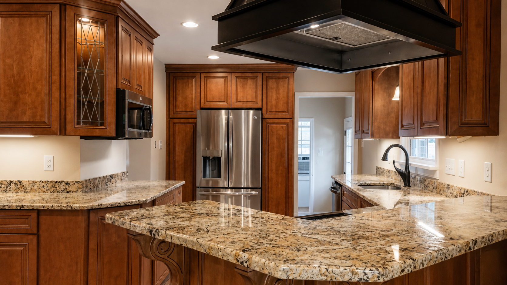 Modern kitchen with granite countertops, wood cabinets, stainless steel appliances, and a large black range hood