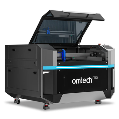Black Omtech Pro laser engraver with open lid on wheels, shown in a studio setting