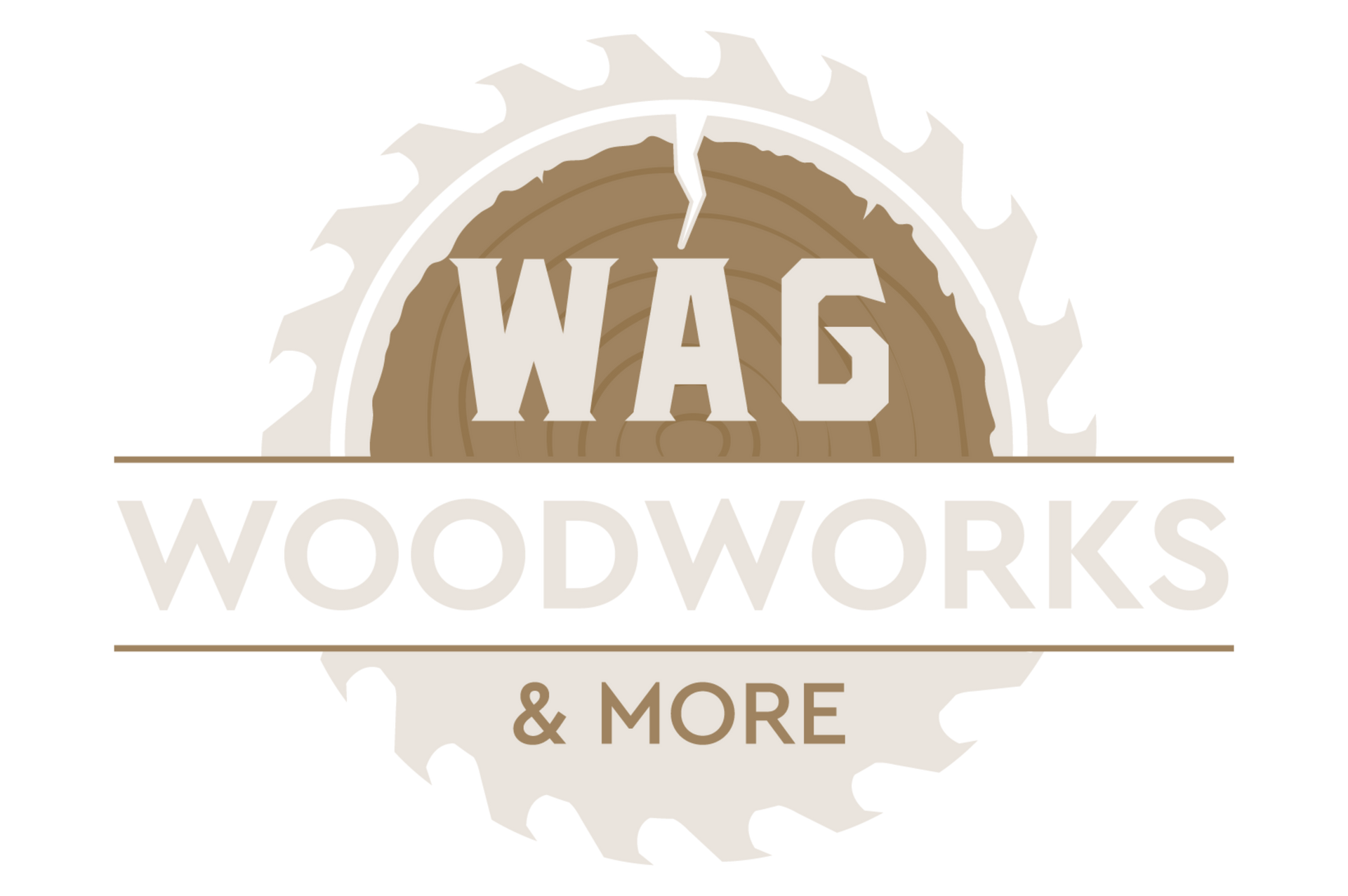 A logo for wag woodworks and more with a circular saw blade.