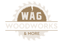 A logo for wag woodworks and more with a circular saw blade.